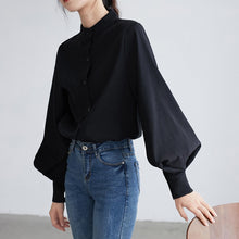 Load image into Gallery viewer, Big Lantern Sleeve Blouse Women Autumn Winter Single Breasted Stand Collar Shirts Office Work Blouse Solid Vintage Blouse Shirts