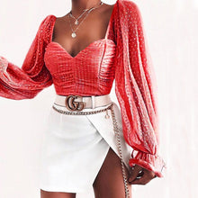 Load image into Gallery viewer, NewAsia Polka Dot Blouse Women Mesh Shirts Pink Tops Sweetheart Neckline Lantern Sleeve Ruched Blouse White Blusas Vintage Shirt