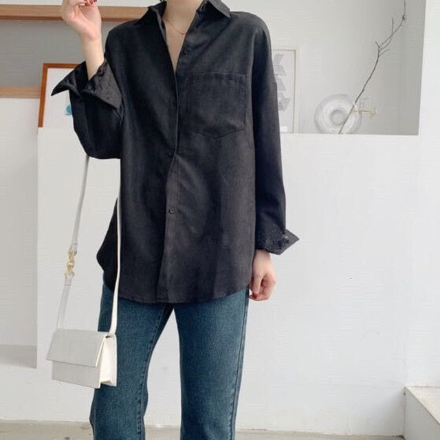 Lizkova White Blouse Women Suede Long Sleeve Oversized Shirt 2020 Pocket Chemise Streetwear Tops 8866